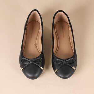 Womens Black Closed Rounded Toe Bow Tie Comfortable Billie Ballet Flat Shoes